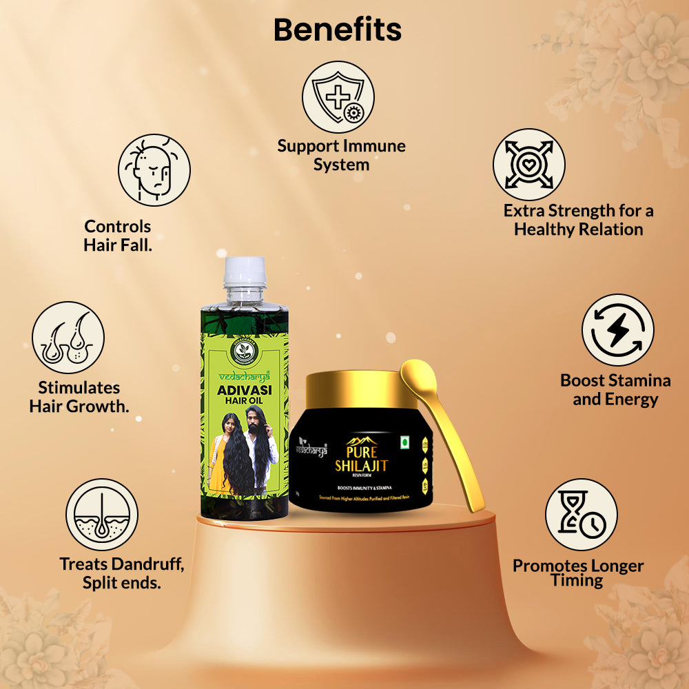 Vedacharya Pure Shilajit Resin and Adivasi Hair Oil Combo