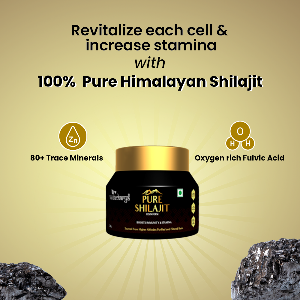 Shilajit jar highlighted the features of cell revitalization, stamina boost, and rich in minerals