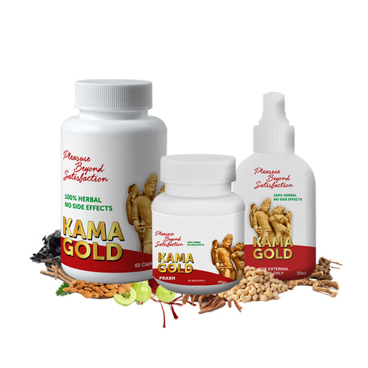 Bottles of kama gold capsules, prash and oil that boosts energy and health 
