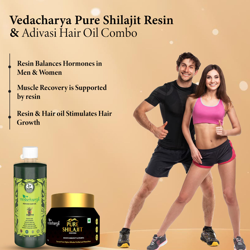 Vedacharya Pure Shilajit Resin and Adivasi Hair Oil Combo