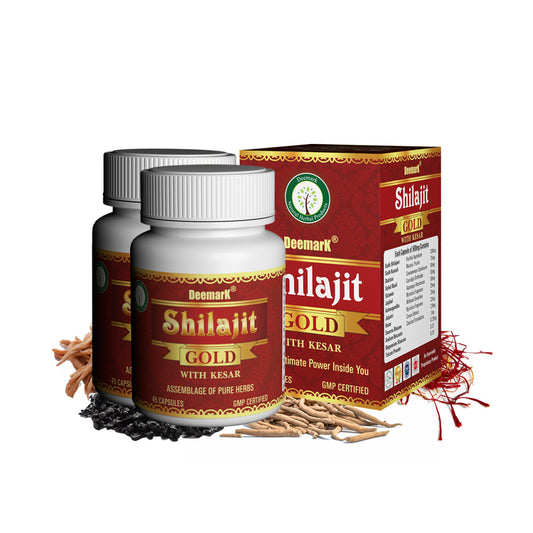 Deemark Shilajit Gold capsules and box, with the blend of pure herbs for enhanced vitality