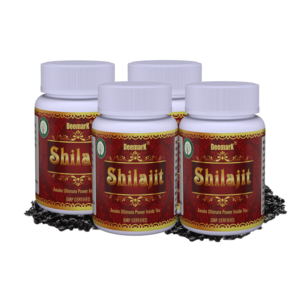 Four bottles of Deemark Shilajit Ayurvedic supplement for energy and vitality. 