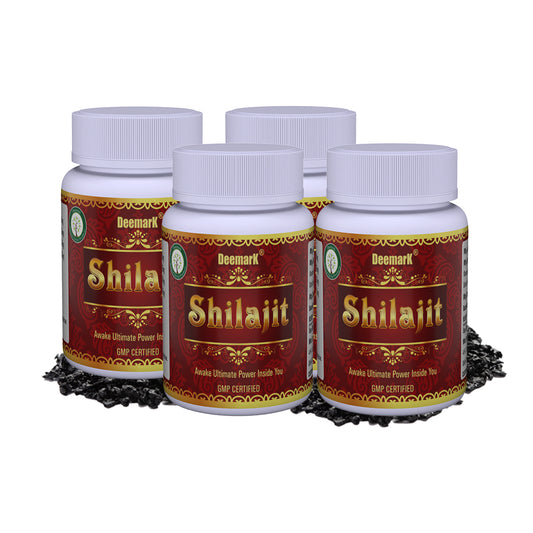 Four bottles of Deemark Shilajit Ayurvedic supplement for energy and vitality. 