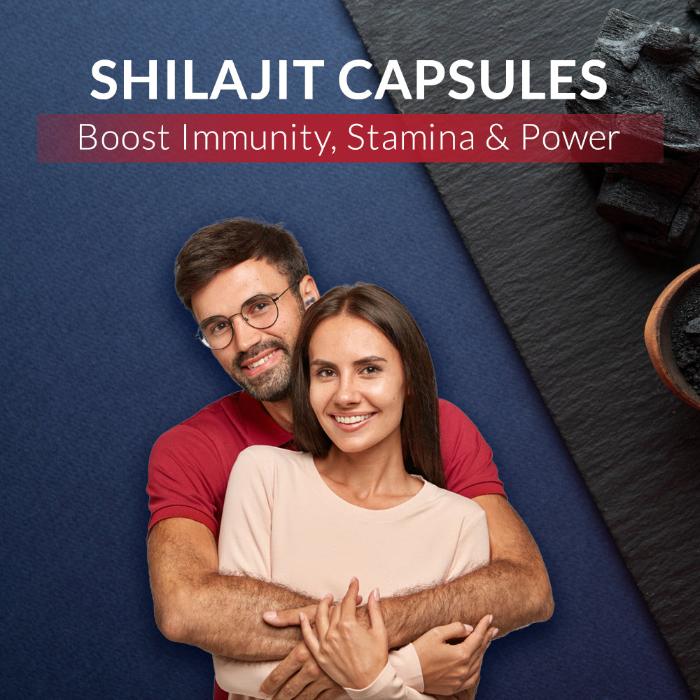   Happy couple embracing with text promoting Shilajit Capsules for boosting immunity, stamina, and power.