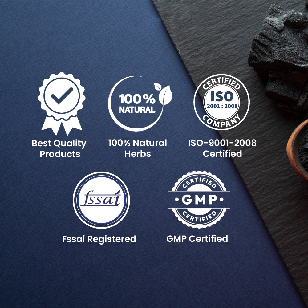 Collection of certification badges of Shilajit capsules that presents quality and trust