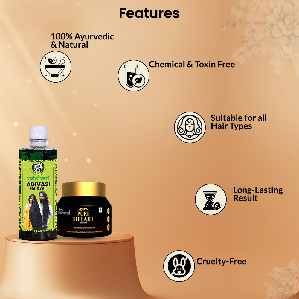 Vedacharya Pure Shilajit Resin and Adivasi Hair Oil Combo