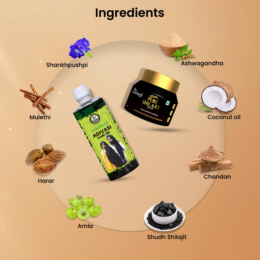 Vedacharya Pure Shilajit Resin and Adivasi Hair Oil Combo