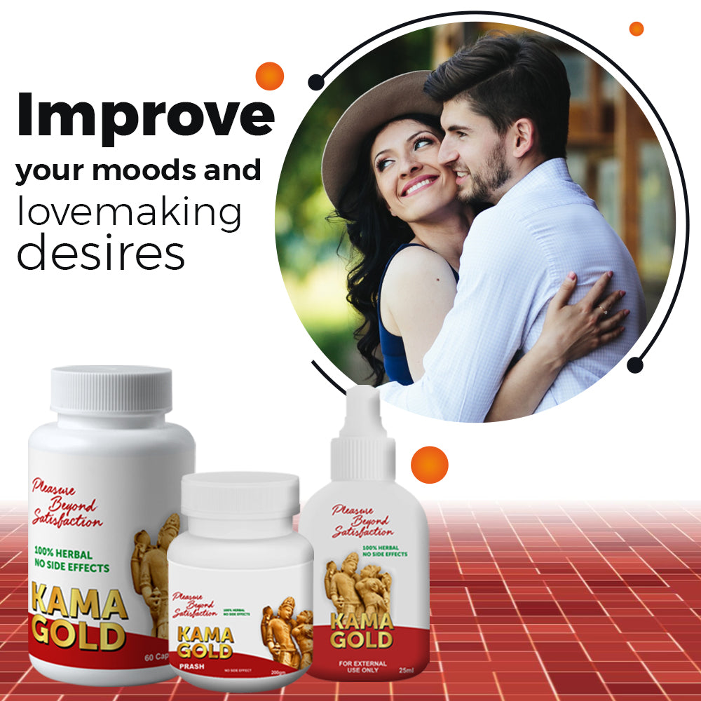 Kama Gold herbal supplement with a couple  suggesting mood and desire improvement.