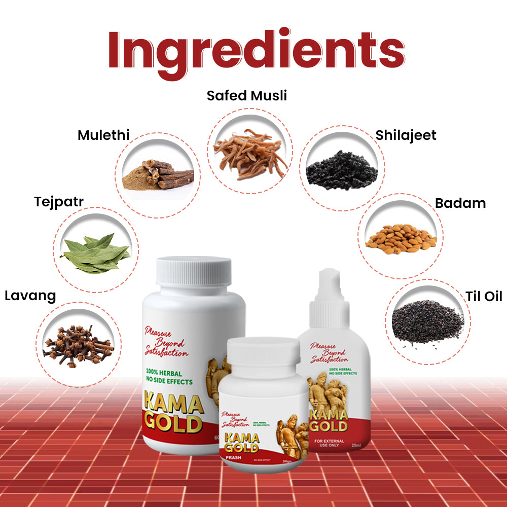 Ayurvedic ingredients used in kama gold capsules, prash and oil