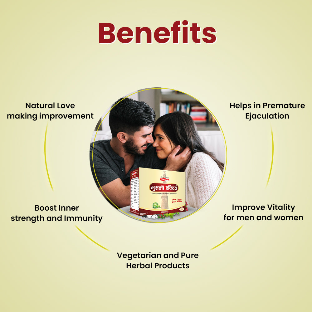 Couple close together looking at a Musli Active package, surrounded by benefits like vitality boost and natural enhancement.