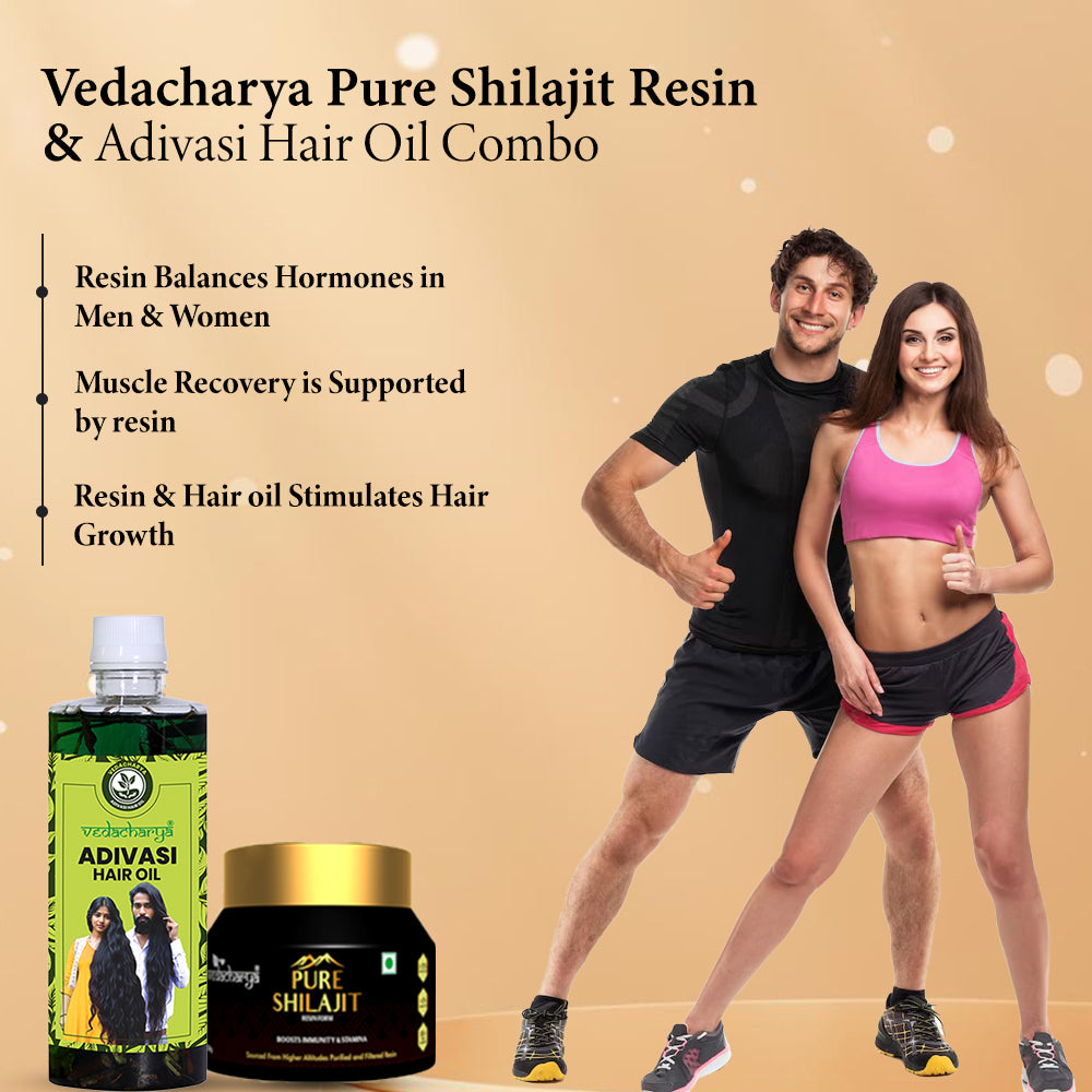 Vedacharya Pure Shilajit Resin and Adivasi Hair Oil Combo