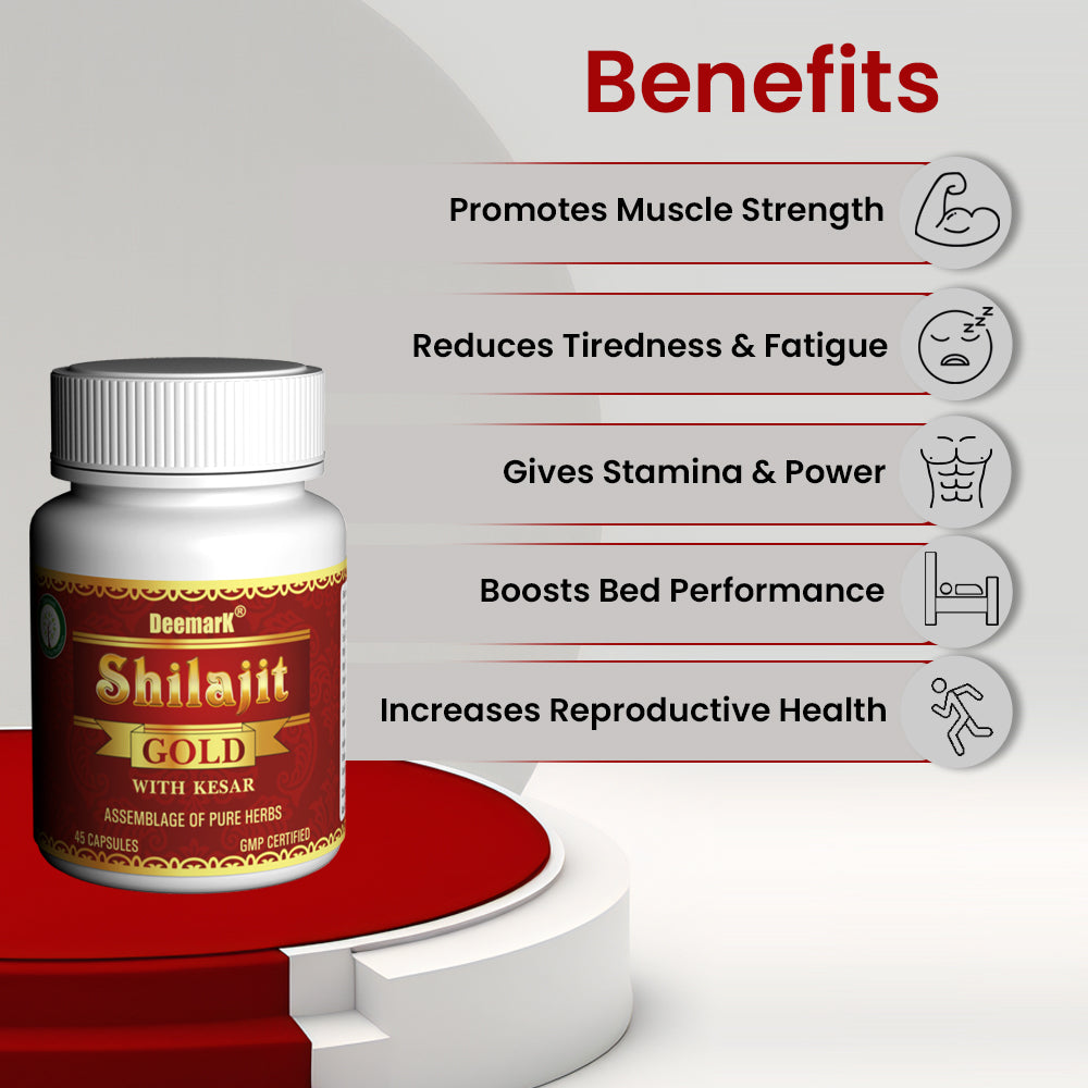 Deemark Shilajit Gold jar on display highlighting benefits like muscle strength, energy, stamina, performance, and reproductive health.