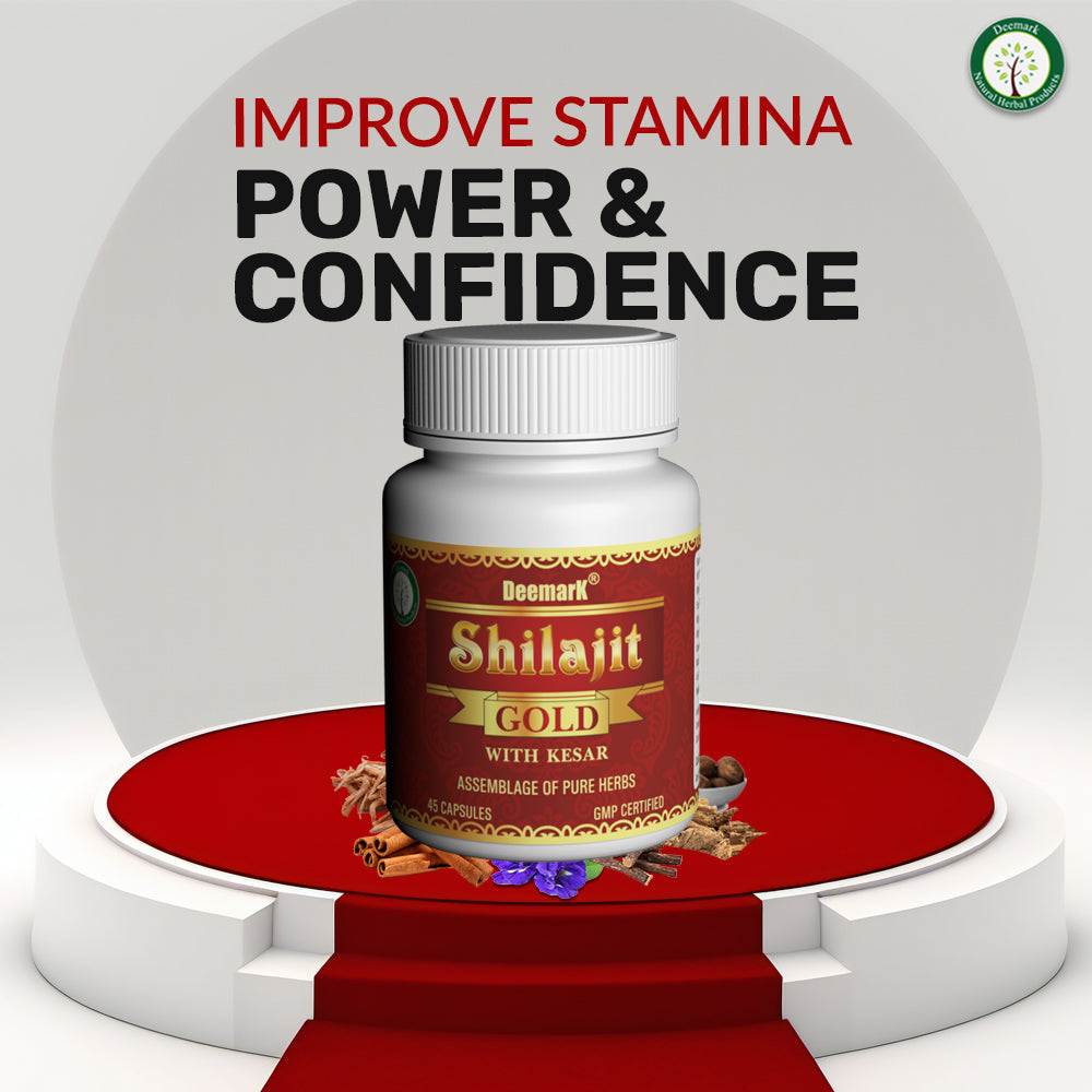 Jar of Deemark Shilajit Gold on a podium with a tagline about improving stamina, power, and confidence