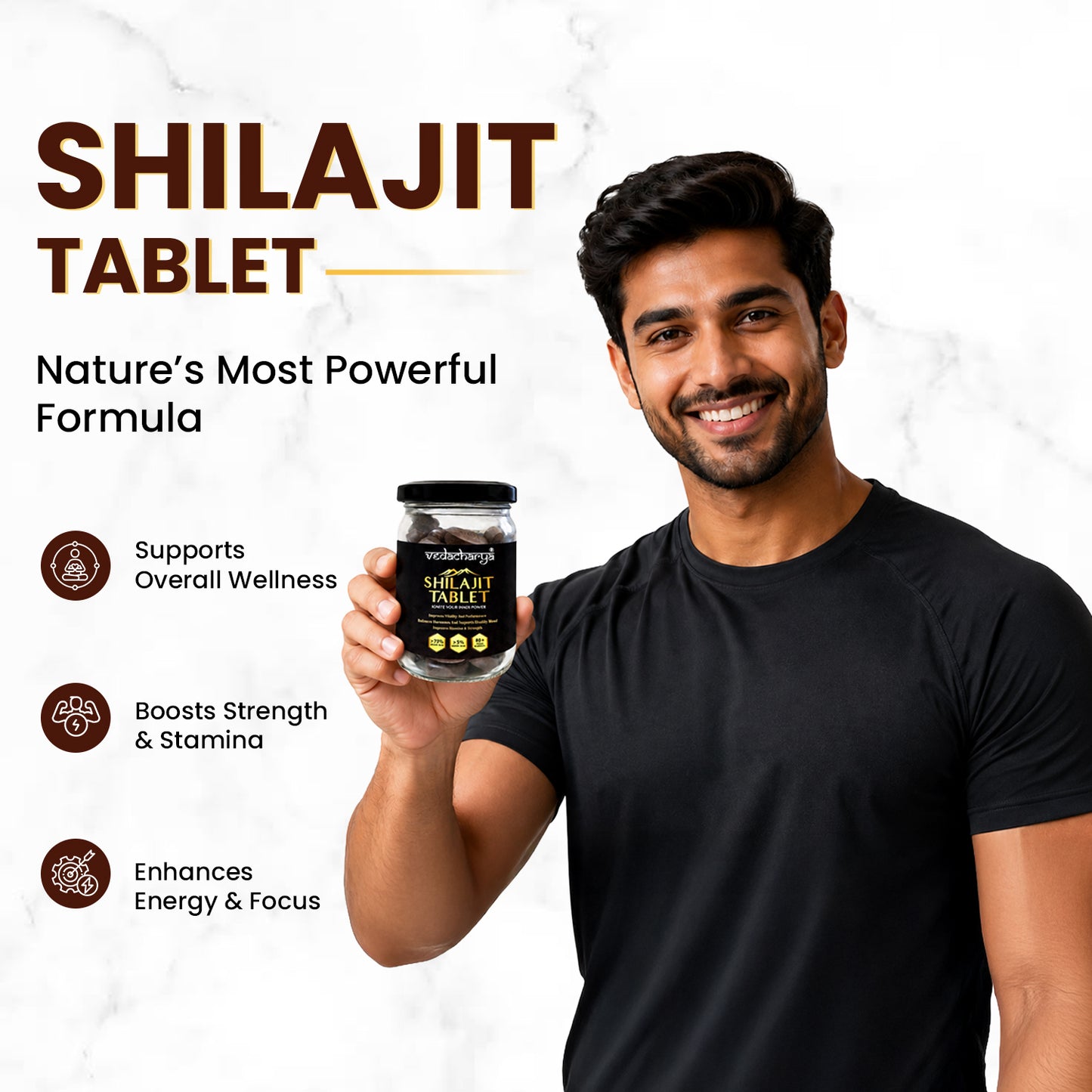 Vedacharya Shilajit Tablets with 100% Pure Himalayan Shilajit for Strength, Energy, Power, Vigor & Vitality