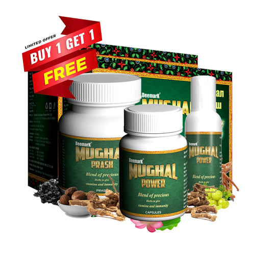 Deemark Mughal Prash Power capsules and oil on offer, with "Buy 1 Get 1 Free" banner, surrounded by natural ingredients.